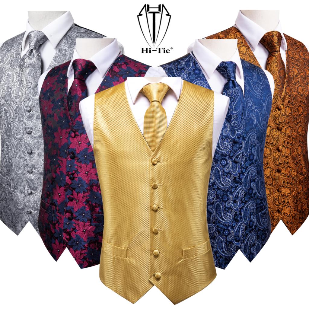 Silk Mens Slim Fit 4pcs Vest Necktie Pocket Square Cufflinks