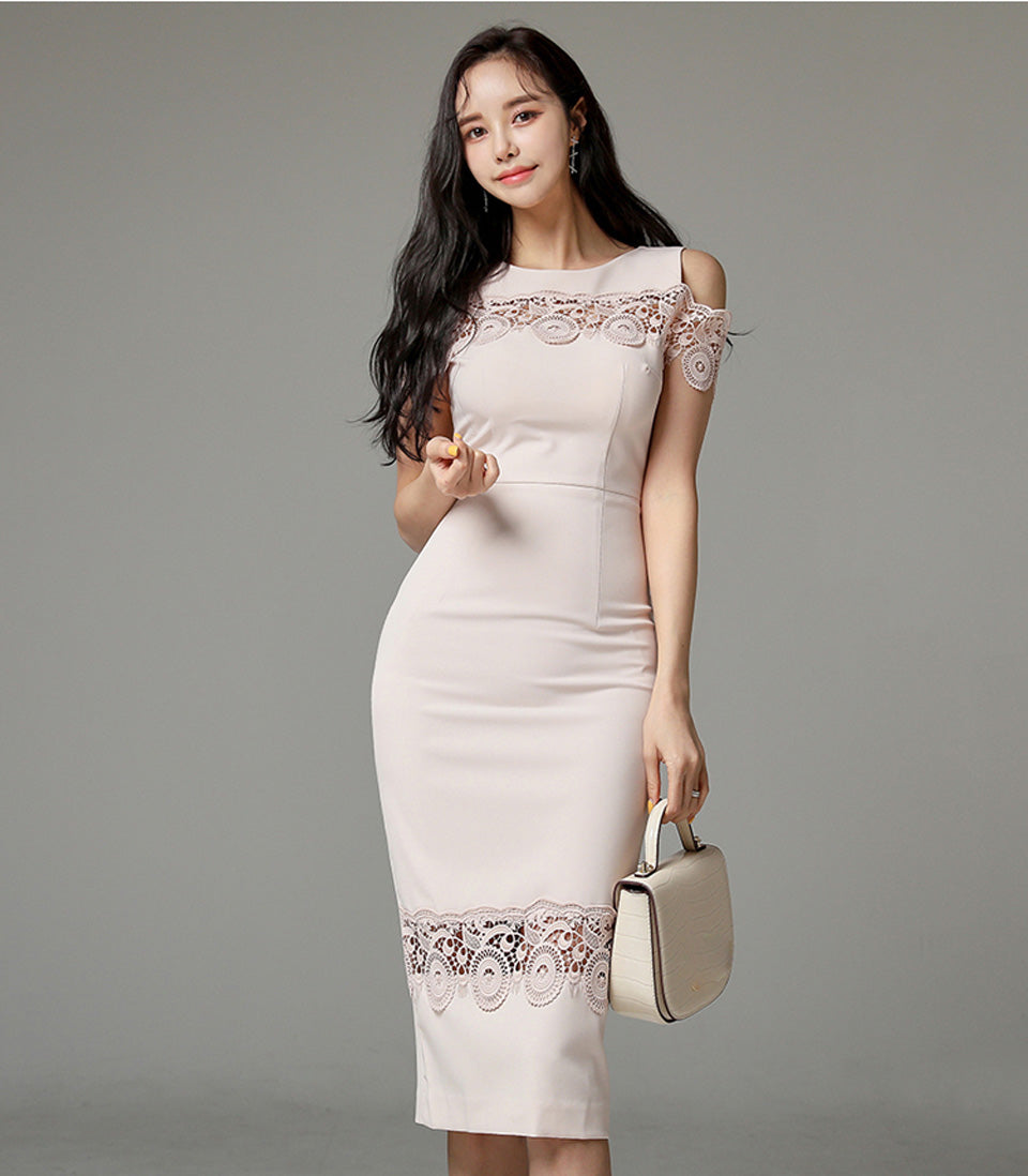 Pink Decorative Lace Stitching High Waist Tight Dress