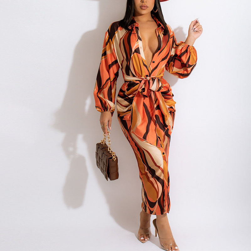 Abstract Wave Printed Button Down Shirt Dress