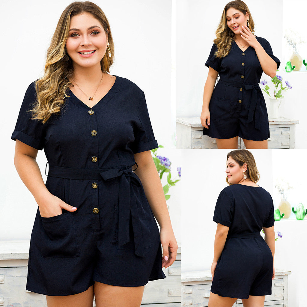 Plus Size V-neck Short Sleeve Belt Short Overalls Jumpsuit