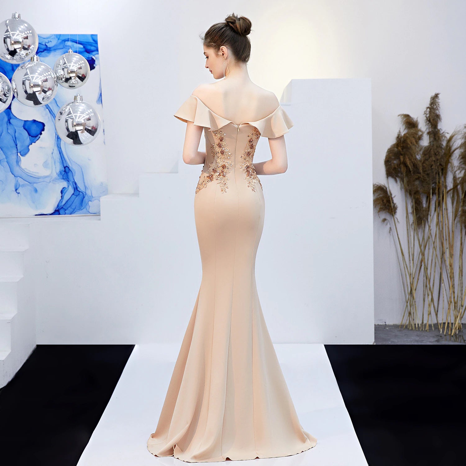 Soft Satin See Through Appliques Beading Long Evening Dress