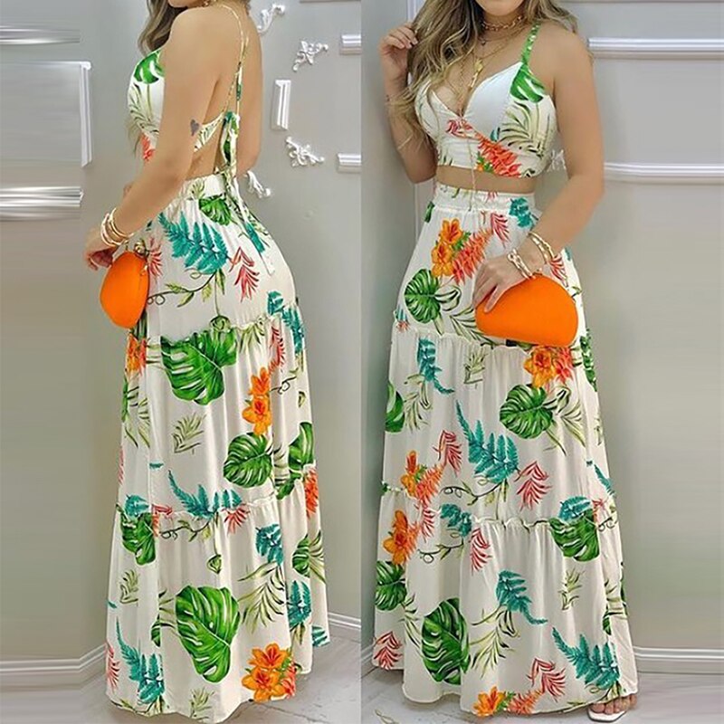 Floral Print V Neck Sleeveless Top & Skirt Set