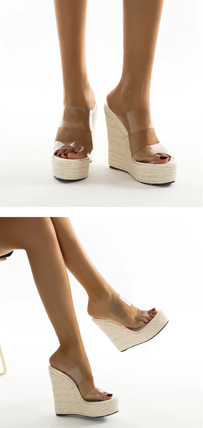 PVC Transparent Peep Toe Cane Straw Weave Platform Wedges