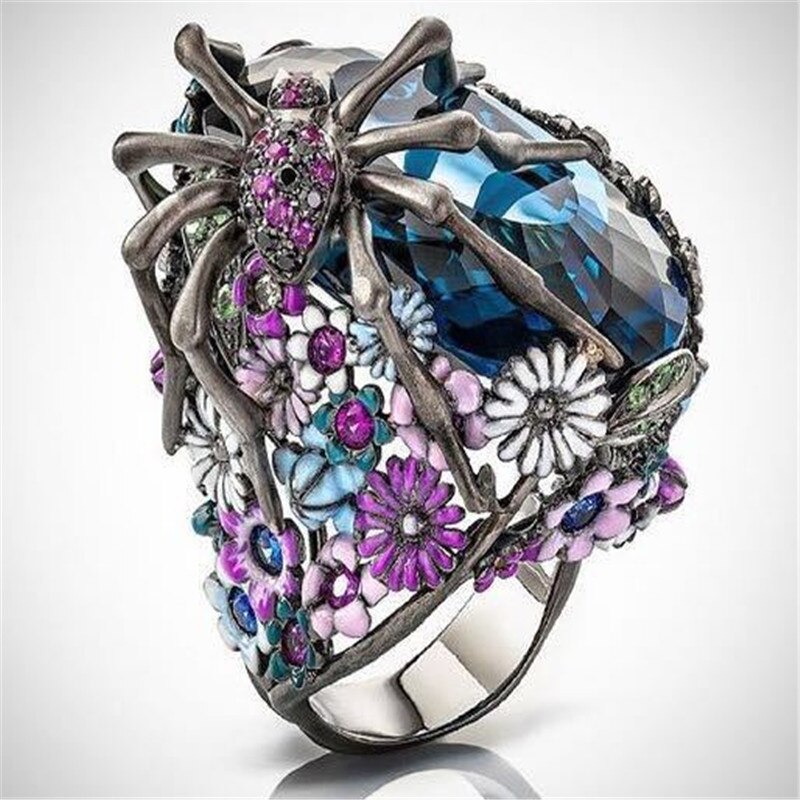 Luxury Spider and Flower Blue Zircon  Black Rings