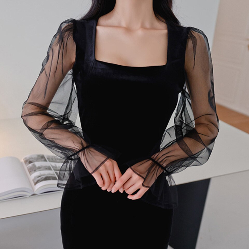 Spring Square Collar Mesh Puff Sleeve High Waist Vintage Black Velvet Dress