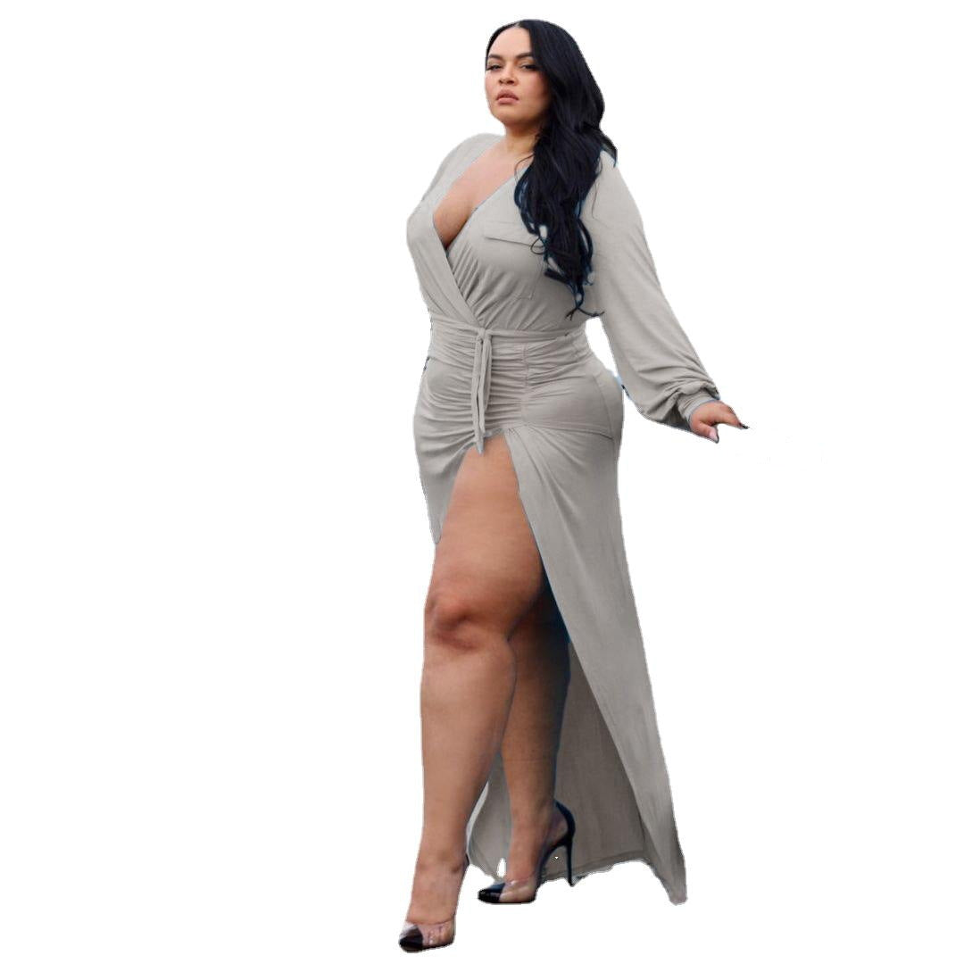 Plus Size Solid Bandage Slited Stretchy Cleavage Sexy Night Party Dress