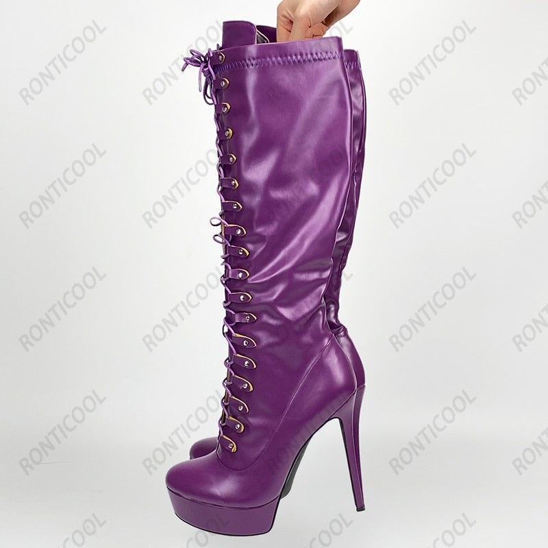 Women Winter Platform Knee High Stiletto Heels Boots