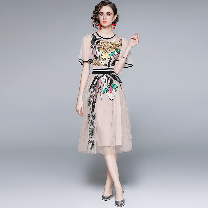 Butterfly Sleeve Flower Embroidery Slim A-Line Mesh Dresses