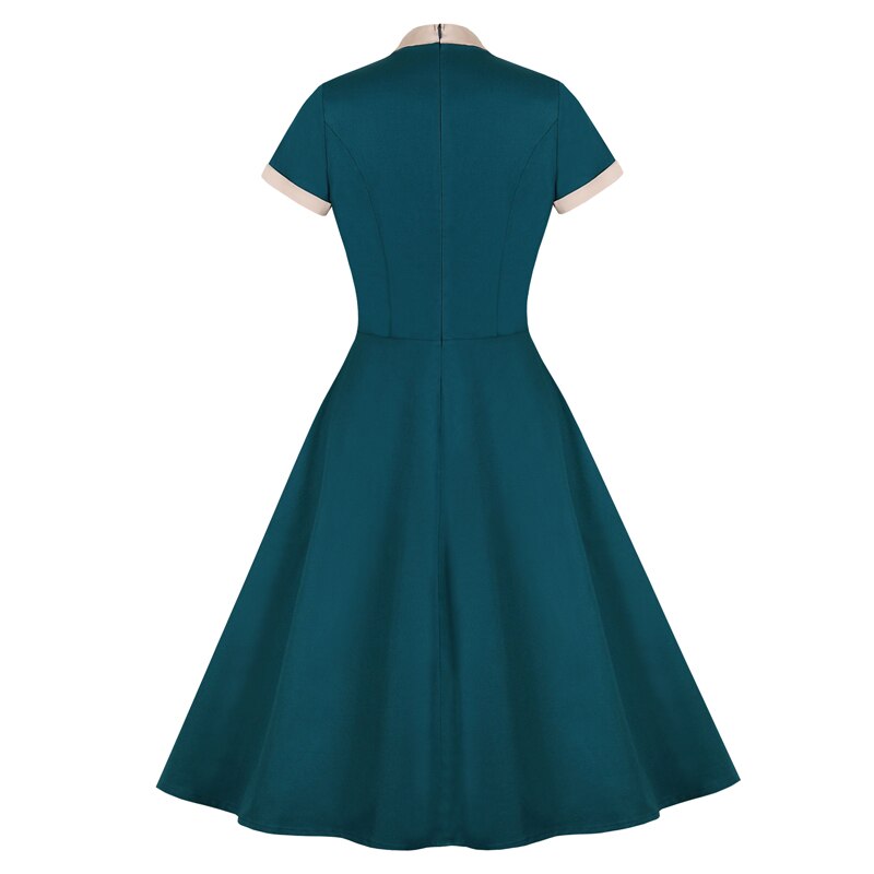 Pleated Cotton Vintage High Waist Bow Tie Neck Pocket Swing Dresses