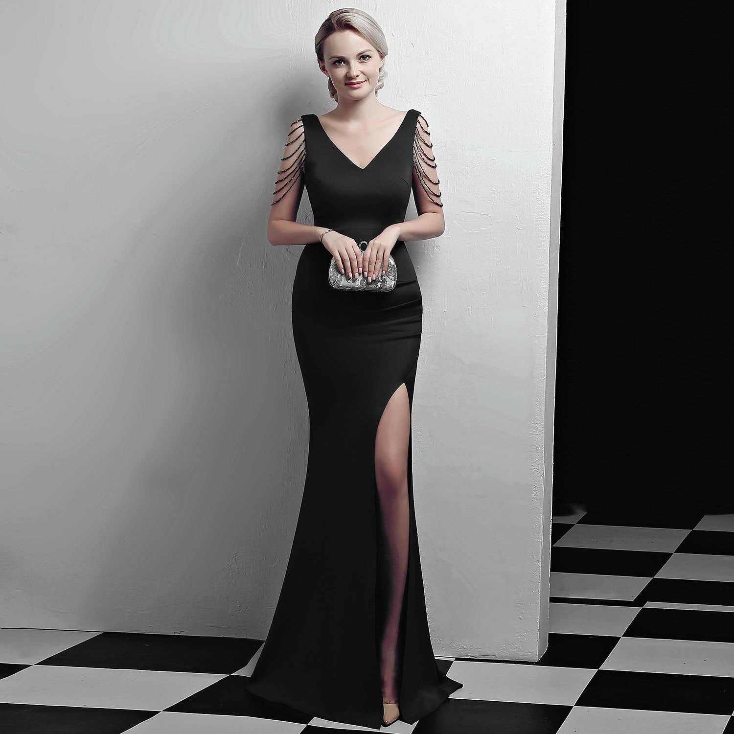 Crystal Beading V Neck Sleeveless Elegant Evening Dress Women