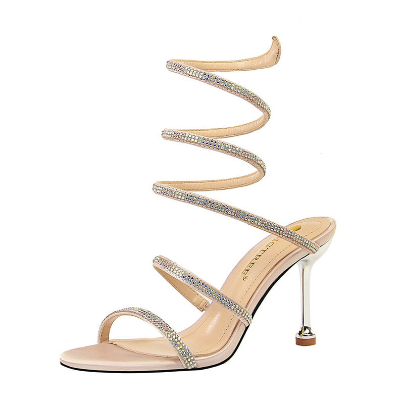 Summer Luxury 8cm Glitter Crystal Roman Sandal Thin High Heels