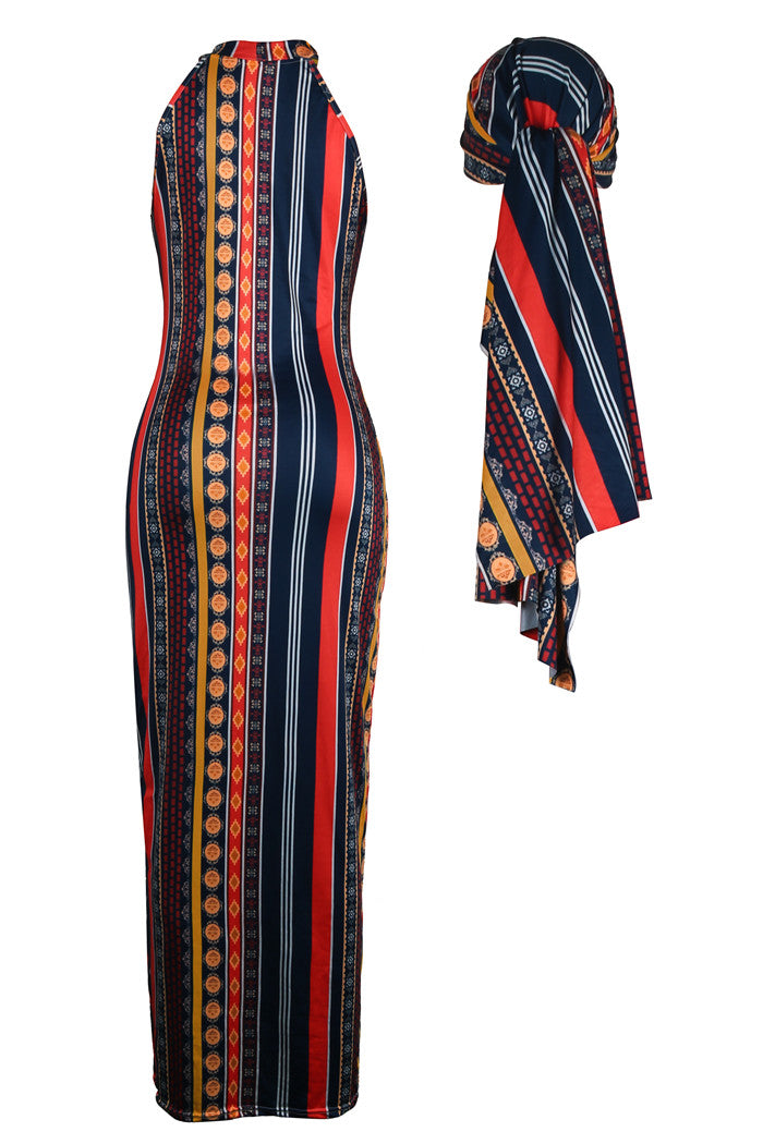 sexy Stripes Bohemian Print Dress (including headscarf)