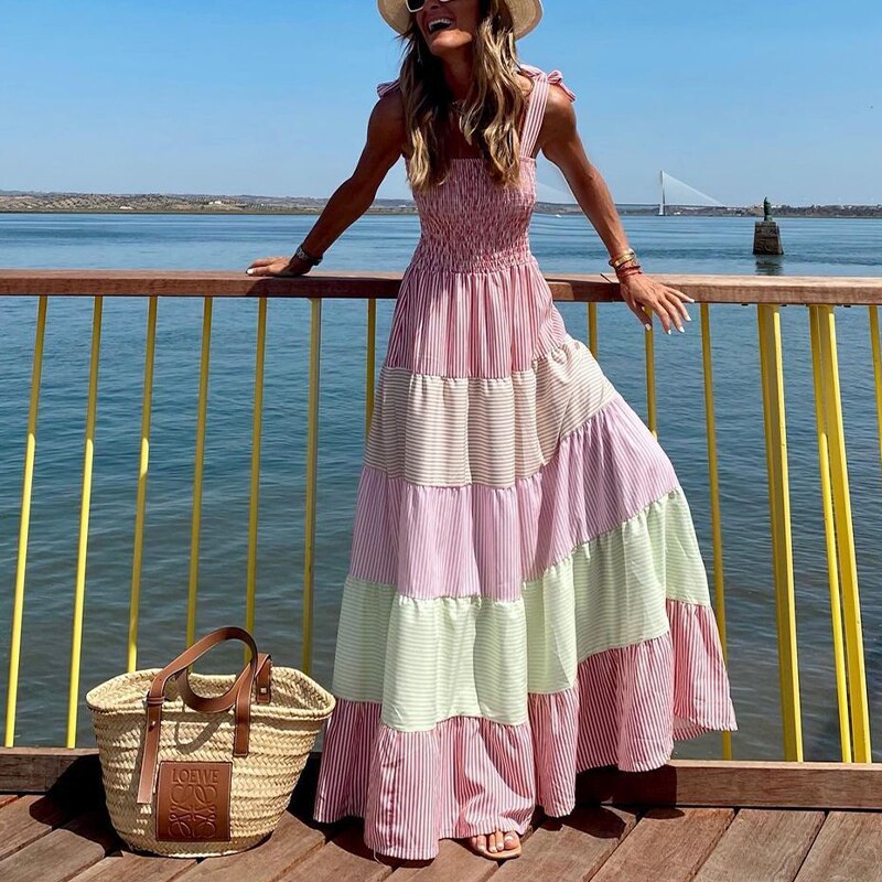 Spring Off Shoulder Bow Sling Maxi Dress