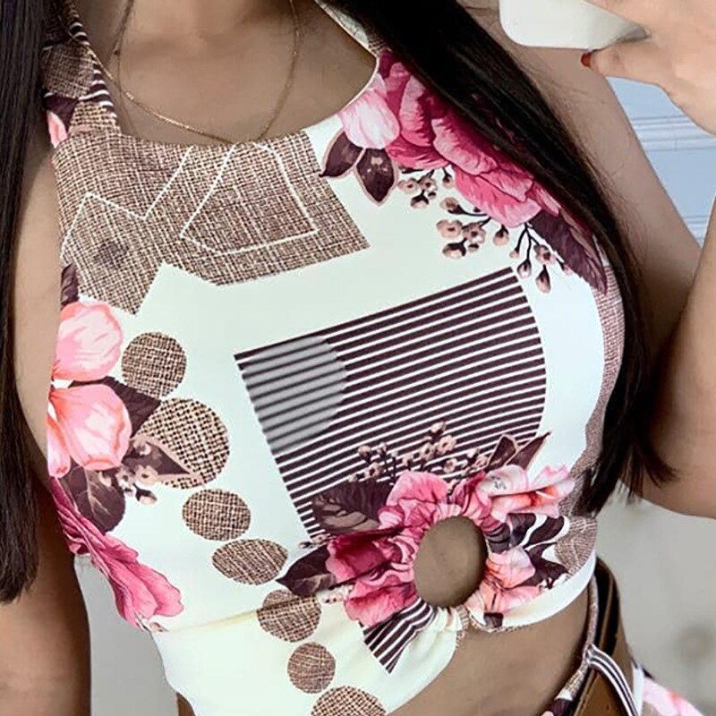 Halter Sleeveless Floral Print Crop Top & Shorts Set