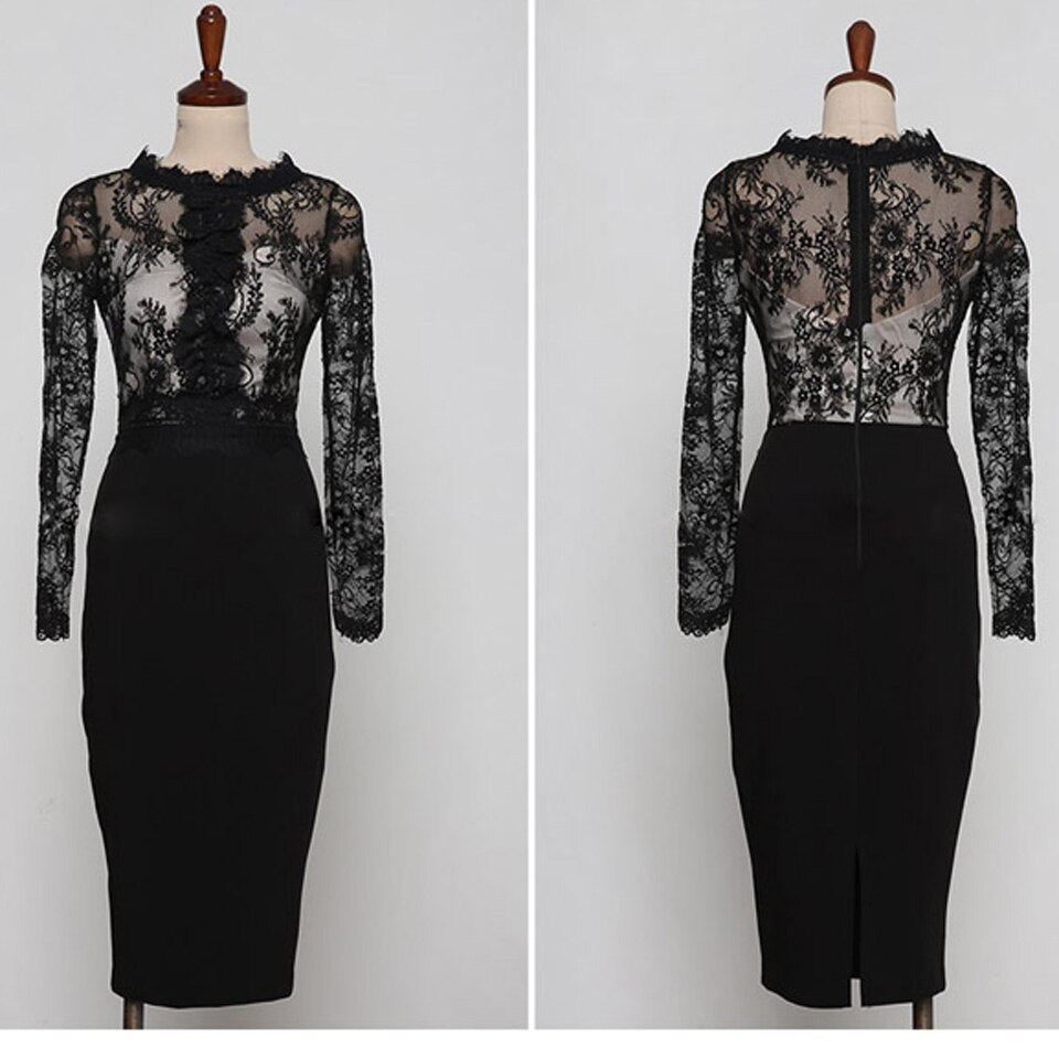 High Waist Perspective Lace Long Sleeve Temperament Elegant Pencil Office Dress