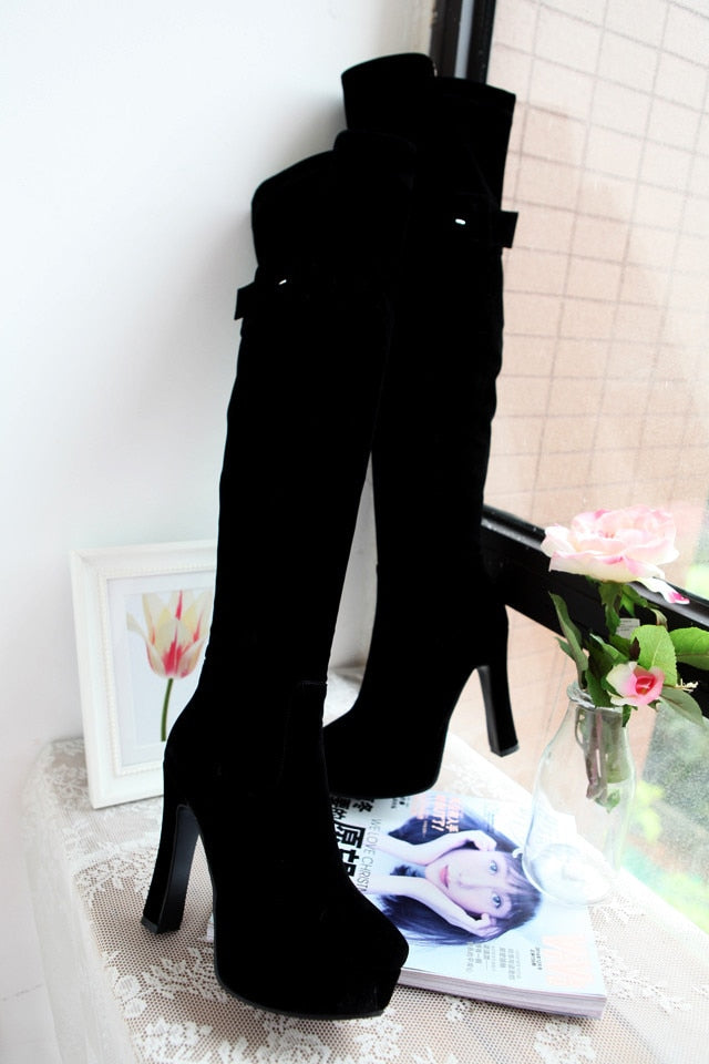 Fashion Belt Buckle Flock Round Head Zipper Thick heel High heel Over the knee Boots