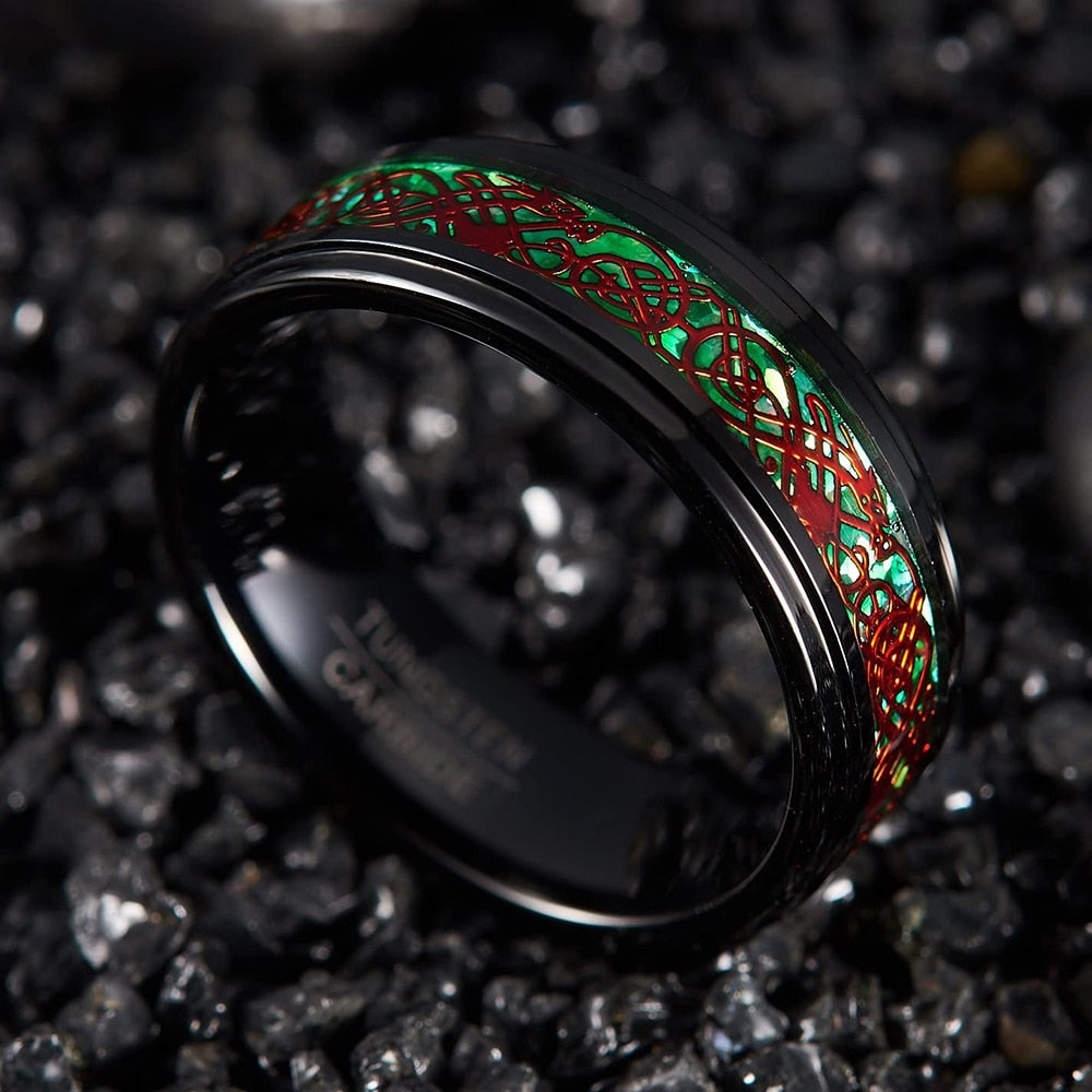 8Mm Mens Black Tungsten Carbide Red Celtic Dragon Pattern Green Carbon Fiber Rings