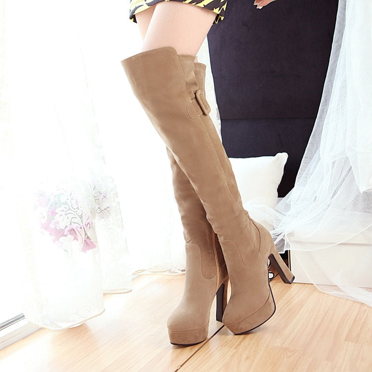 Fashion Belt Buckle Flock Round Head Zipper Thick heel High heel Over the knee Boots