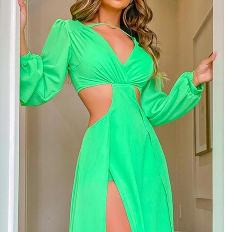 Summer Women's Solid Color Long Sleeve High Slit Cutout Maxi Dress