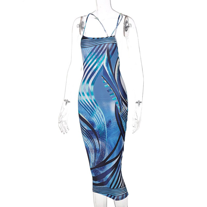 Sleeveless Backless Printed Bodycon Beach Dress