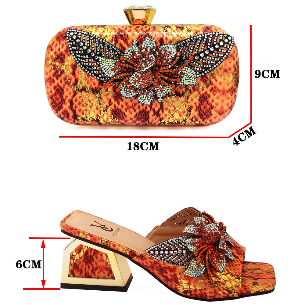 Italian Design Snake Pattern Rhinestone Flower Shoes and Bag