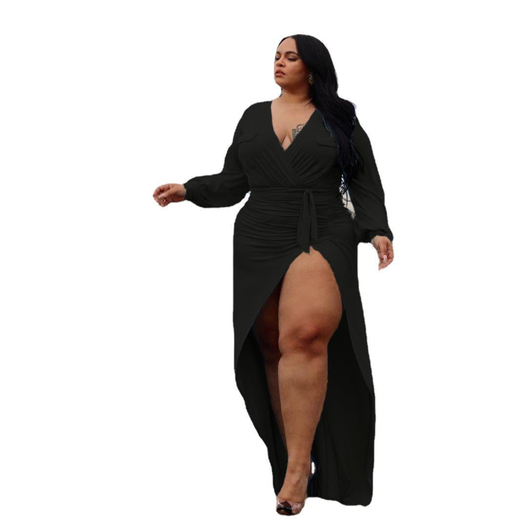 Plus Size Solid Bandage Slited Stretchy Cleavage Sexy Night Party Dress