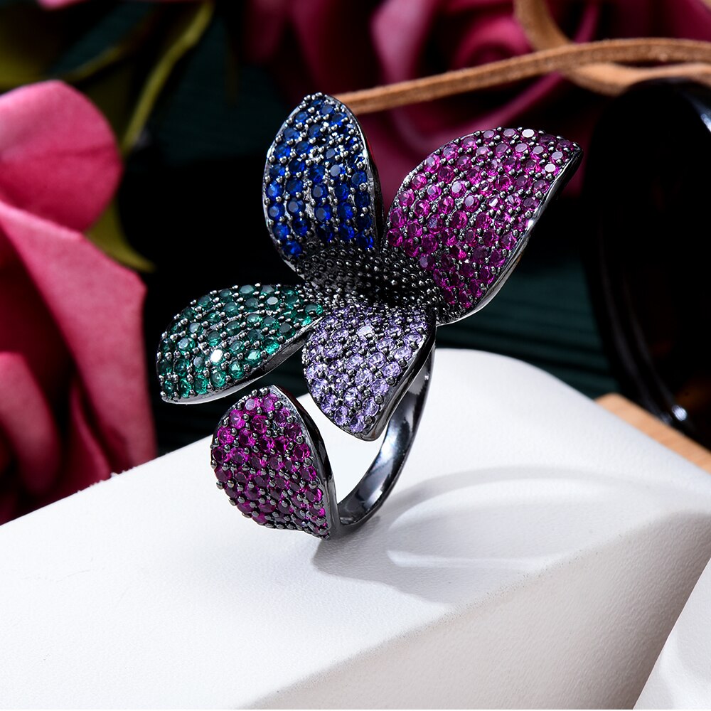 Fashion Flower Leaf Leaves Cubic Zirconia Adjustable Ring and Earrings