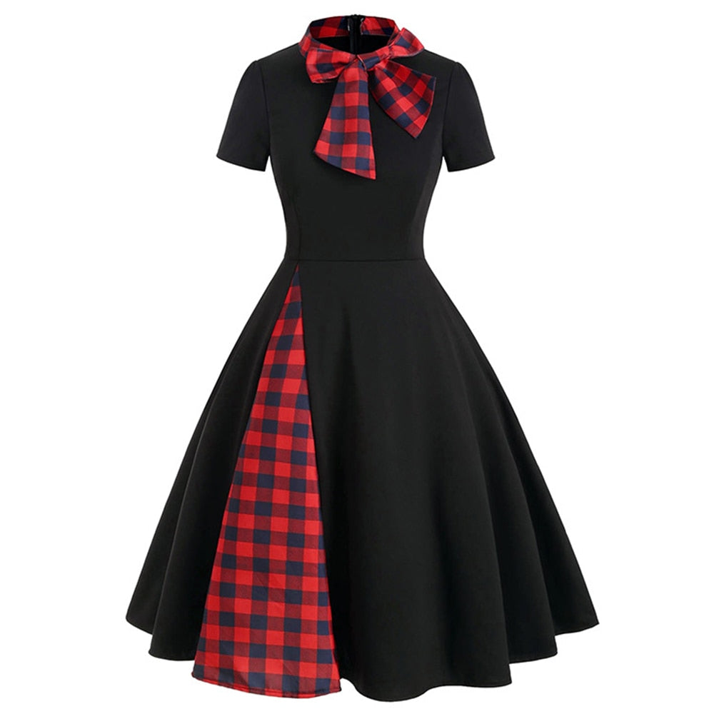 Patchwork Plaid Print Bow Collar Short Sleeve Vintage Dress