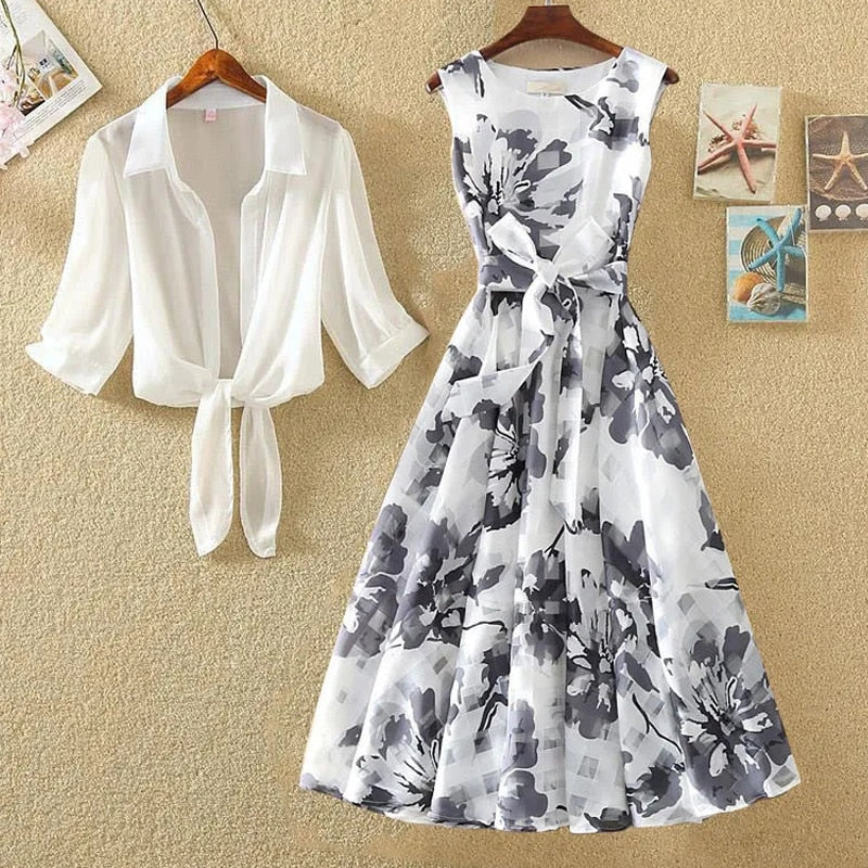 Bandage Retro Sleeveless Printed Chiffon Dresses Chiffon Blouse Two-Piece Sets