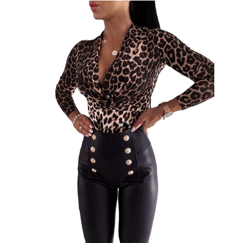 Cheetah Print V-neck Long Sleeve Blouse