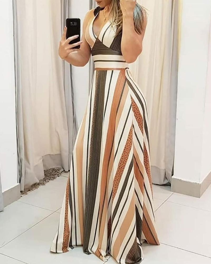 Striped Colorblock Plunge Maxi Dress