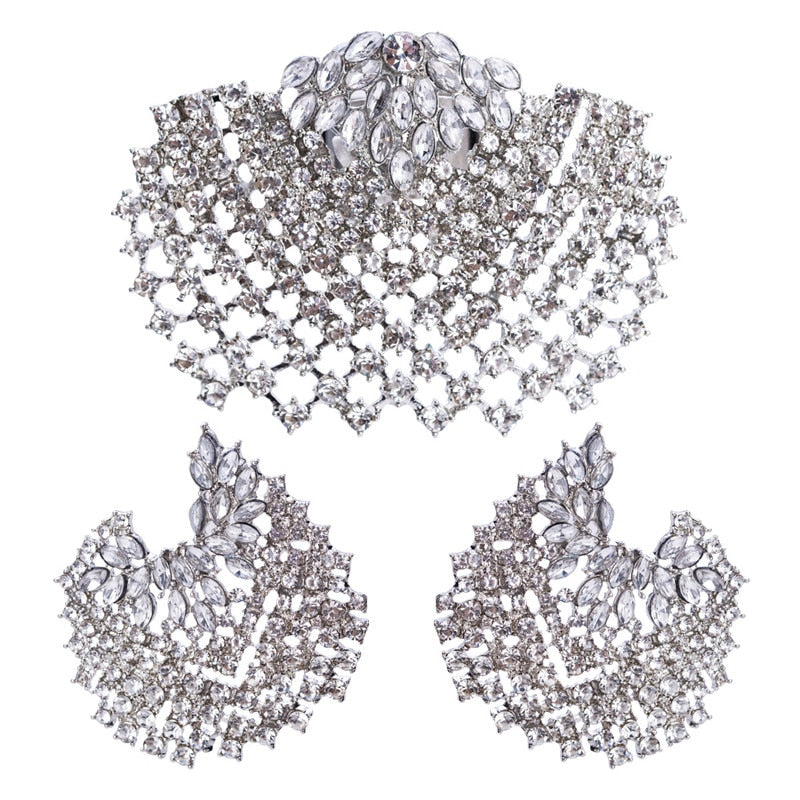 Bohemian Full Rhinestone Gold Silver Shell Stud Earring Ring for Women
