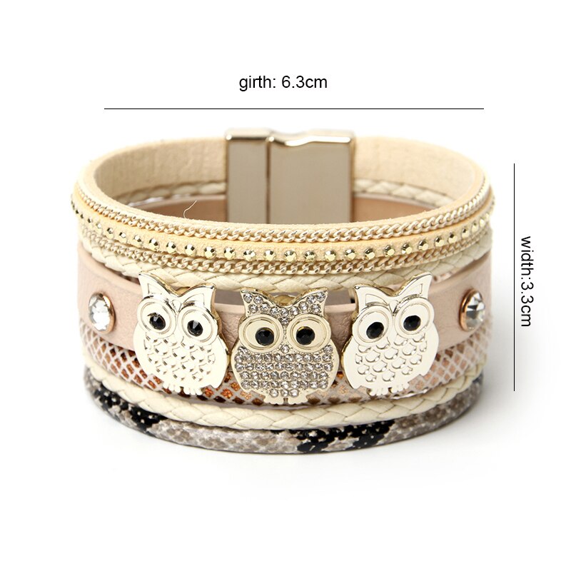 Rhinestone Owl Charm Wrap Leather Magnetic Buckle Bracelets
