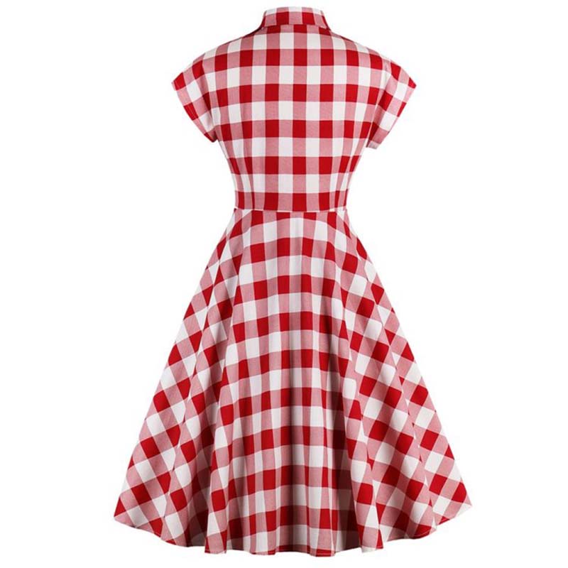 Plaid Printed Turn Down Collar Cotton Retro Vintage Pinup Rockabilly Sundress