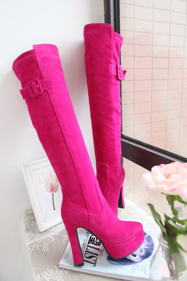 Fashion Belt Buckle Flock Round Head Zipper Thick heel High heel Over the knee Boots