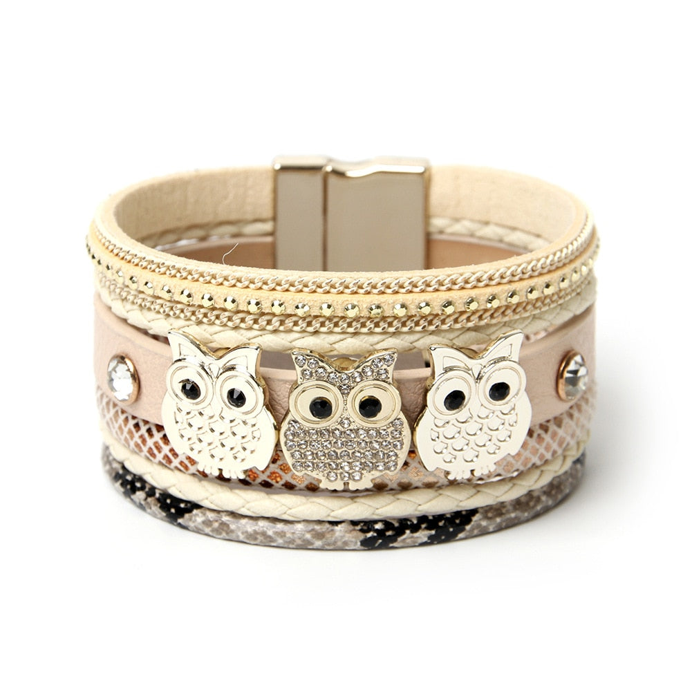 Rhinestone Owl Charm Wrap Leather Magnetic Buckle Bracelets