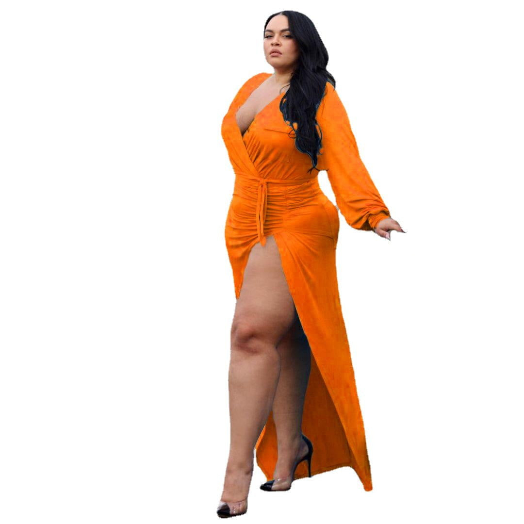 Plus Size Solid Bandage Slited Stretchy Cleavage Sexy Night Party Dress