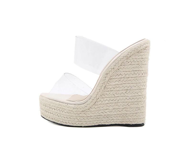 PVC Transparent Peep Toe Cane Straw Weave Platform Wedges