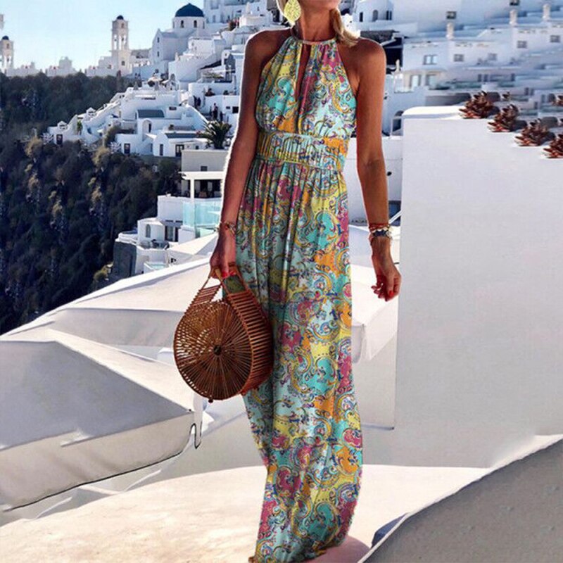 2021 Summer Boho Floral Print Halter Sleeveless Maxi Dress