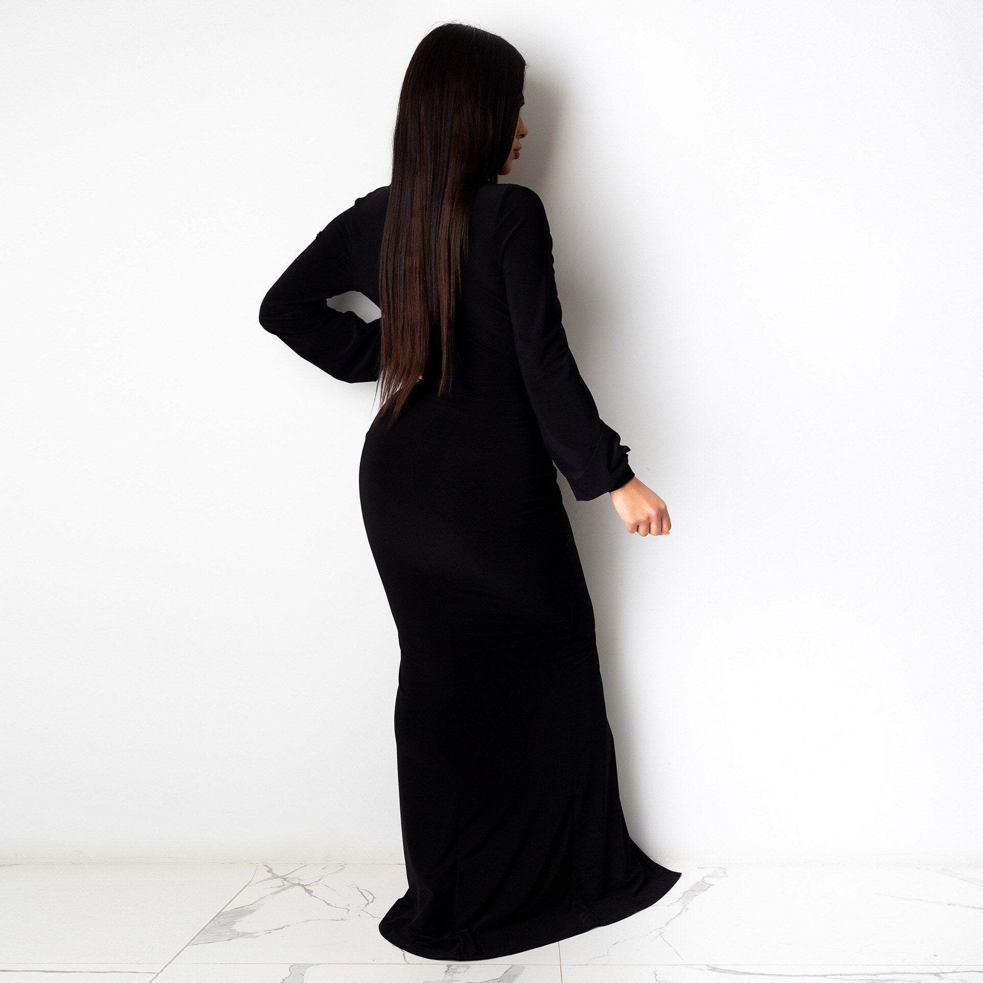 Long Sleeve Plunge Neck Maxi Dress