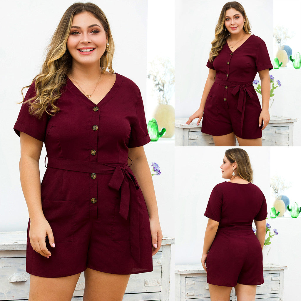 Plus Size V-neck Short Sleeve Belt Short Overalls Jumpsuit