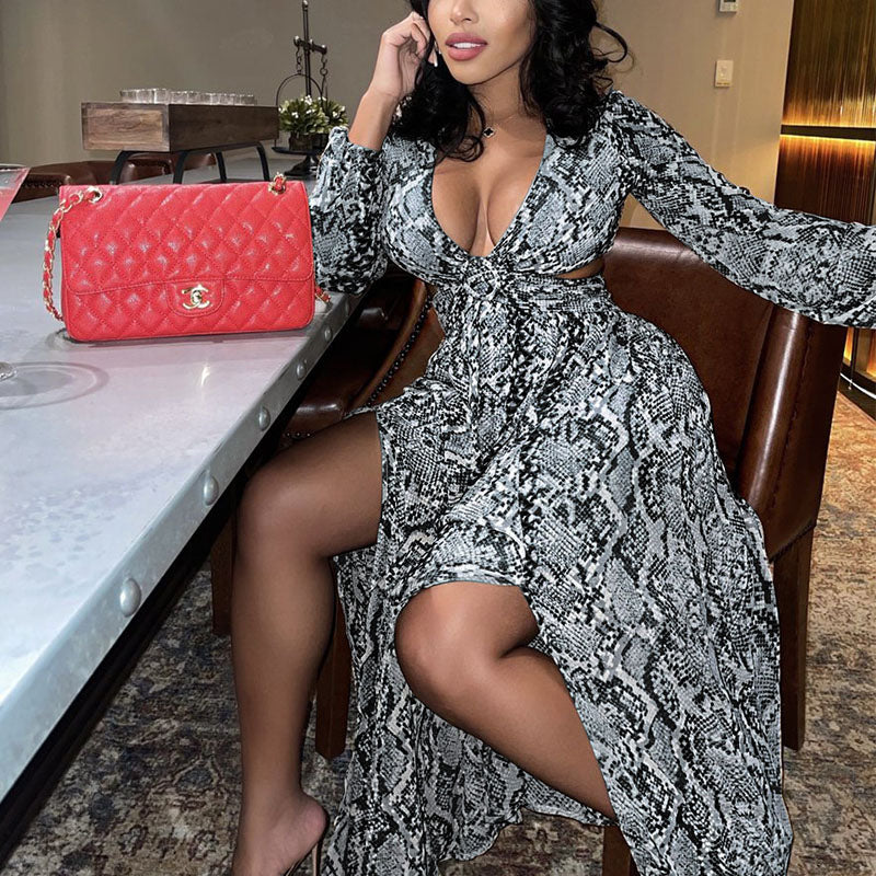 Long Sleeve V Neck Snakeskin Printed Maxi Dress