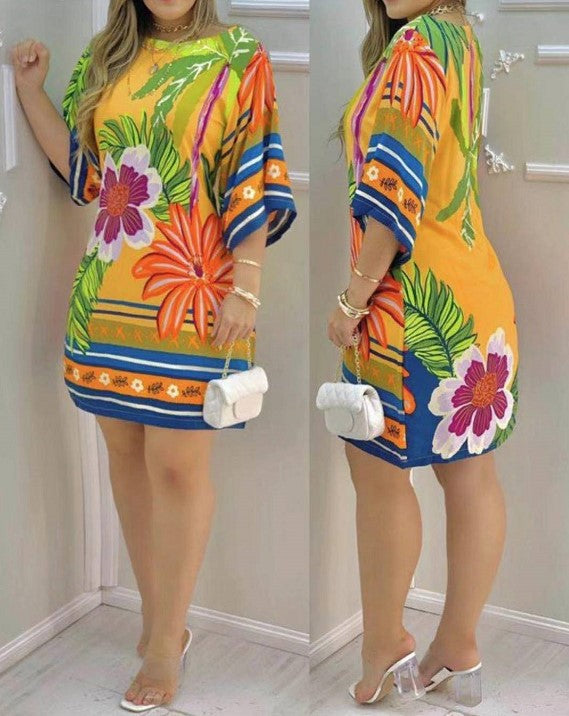 Tropical Print Half Sleeve Casual Dress
