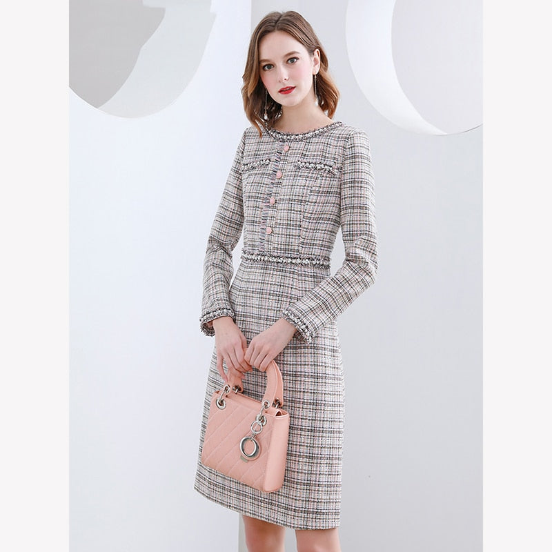 Winter Round Neck Beaded  Long-sleeved Vintage Wool Plaid Tweed Dress