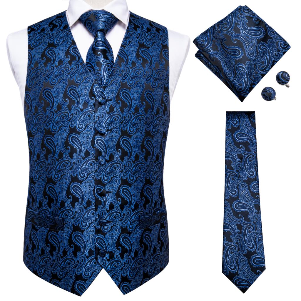 Silk Mens Slim Fit 4pcs Vest Necktie Pocket Square Cufflinks