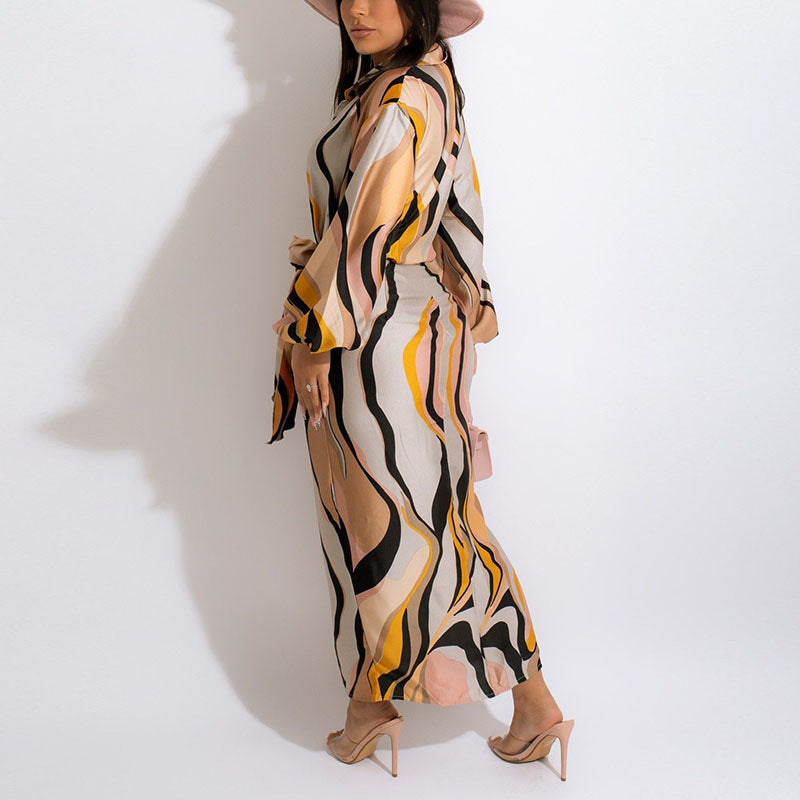 Abstract Wave Printed Button Down Shirt Dress