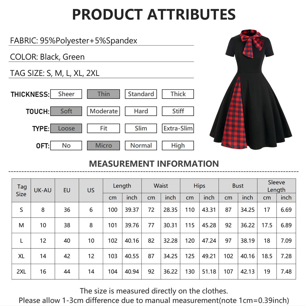 Patchwork Plaid Print Bow Collar Short Sleeve Vintage Dress