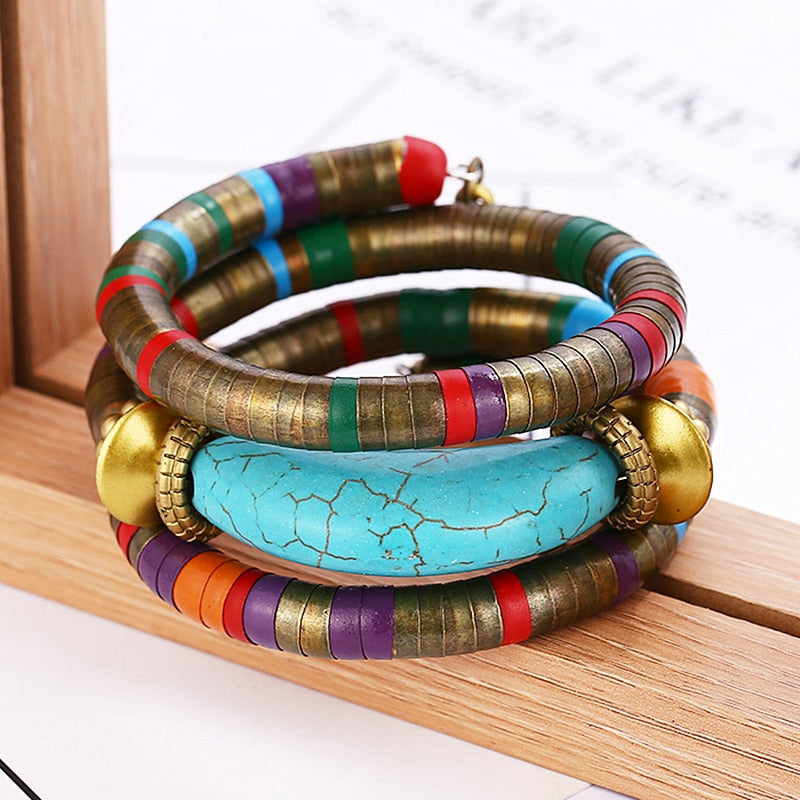 Fashion Natural Stone Colorful Snake Bangle Bracelets Vintage Multilayer Metal Bracelet Jewelry