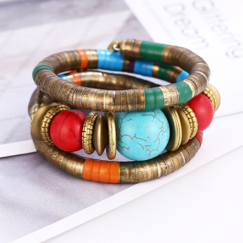 Fashion Natural Stone Colorful Snake Bangle Bracelets Vintage Multilayer Metal Bracelet Jewelry