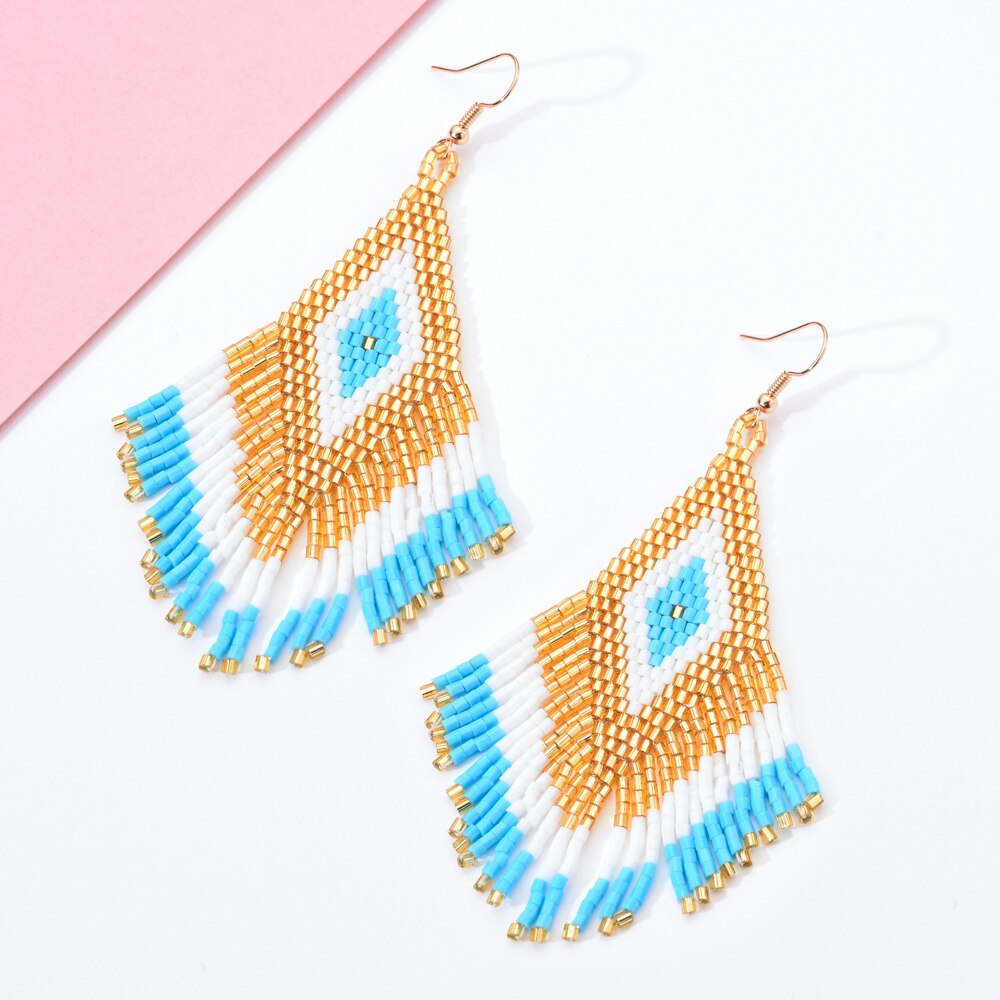 Women Bohemian Long Tassel Crystal Bead Handmade Earring